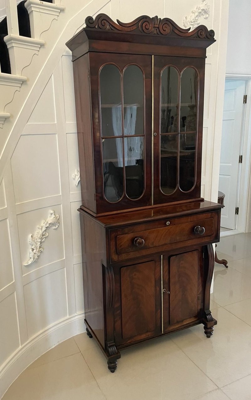 Small Antique Regency Quality Figured Mahogany Secretaire Bookcase - Image 3